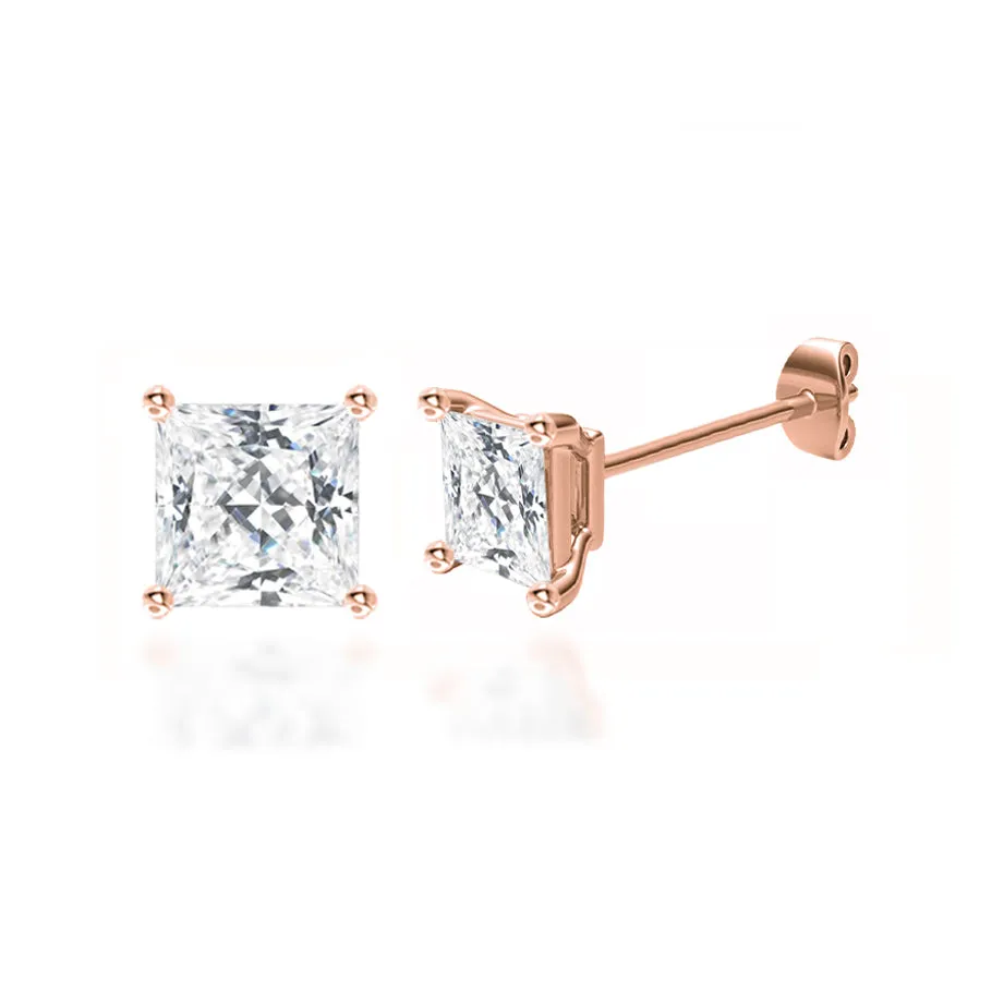 TRINITY - Princess Lab Diamond 18k Rose Gold Stud Earrings