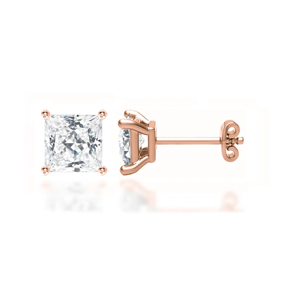 TRINITY - Princess Lab Diamond 18k Rose Gold Stud Earrings