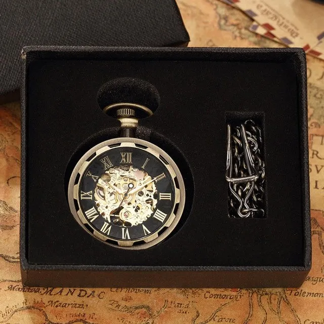 Unisex Antique Skeleton Mechanical Steampunk Pocket Fob Watch