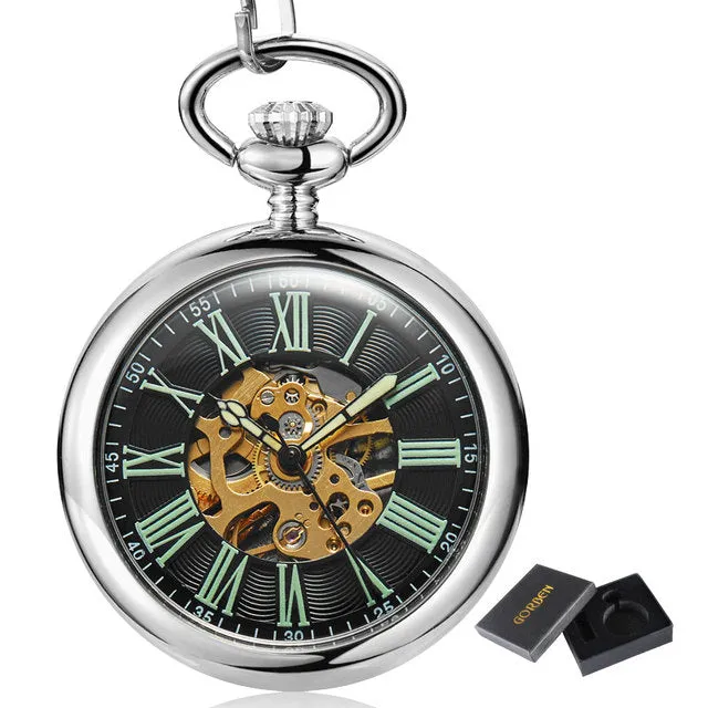 Unisex Antique Smooth Skeleton Transparent Mechanical Pocket Watch