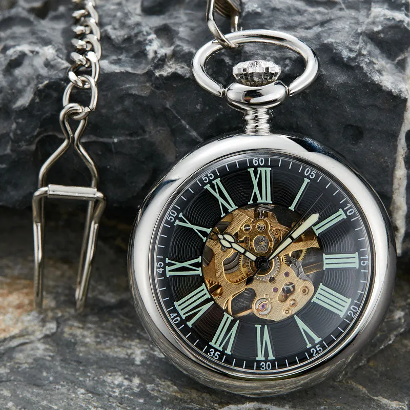 Unisex Antique Smooth Skeleton Transparent Mechanical Pocket Watch