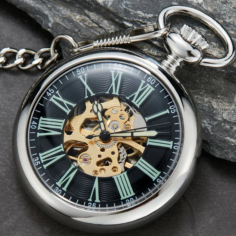 Unisex Antique Smooth Skeleton Transparent Mechanical Pocket Watch