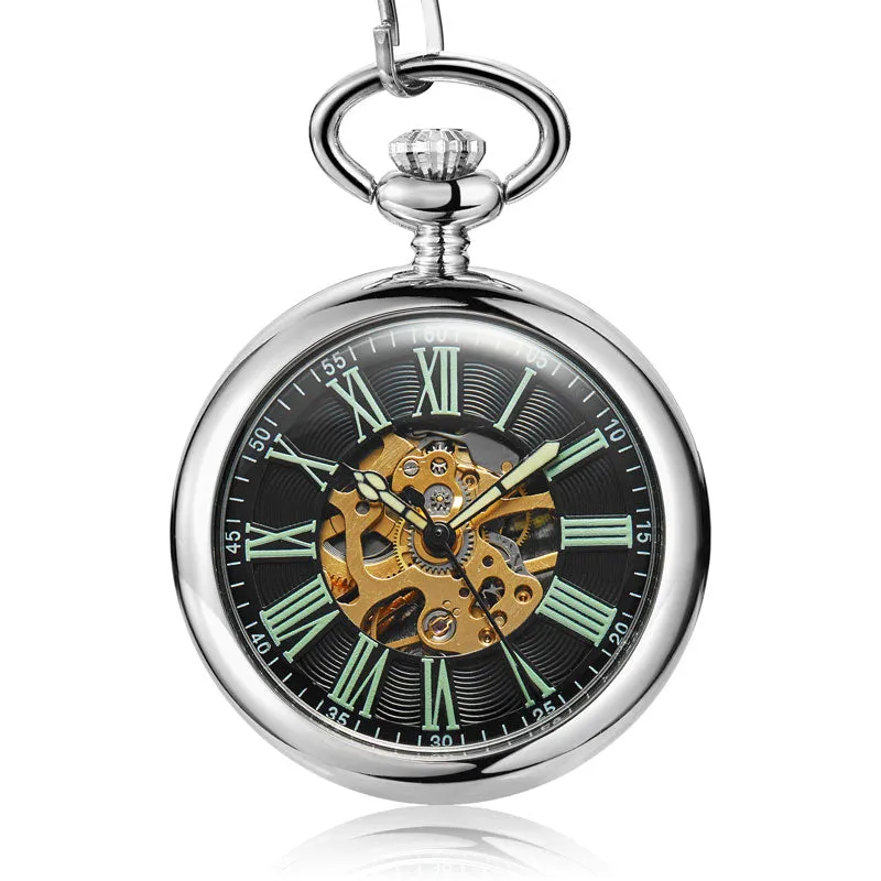 Unisex Antique Smooth Skeleton Transparent Mechanical Pocket Watch