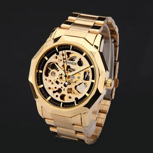 WINNER brand watches men mechanical skeleton wrist watches fashion casual automatic wind watch gold steel band relogio masculino