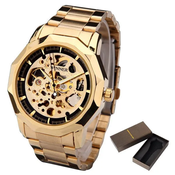 WINNER brand watches men mechanical skeleton wrist watches fashion casual automatic wind watch gold steel band relogio masculino
