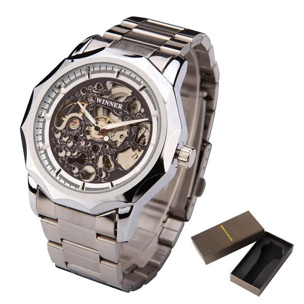 WINNER brand watches men mechanical skeleton wrist watches fashion casual automatic wind watch gold steel band relogio masculino