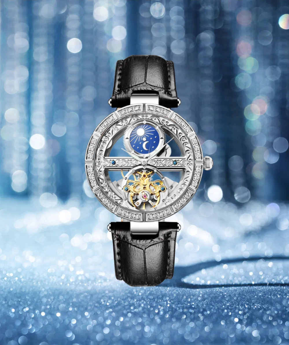 Women's Genuine Leather Hollowed Out Skeleton Luminous Wristwatch