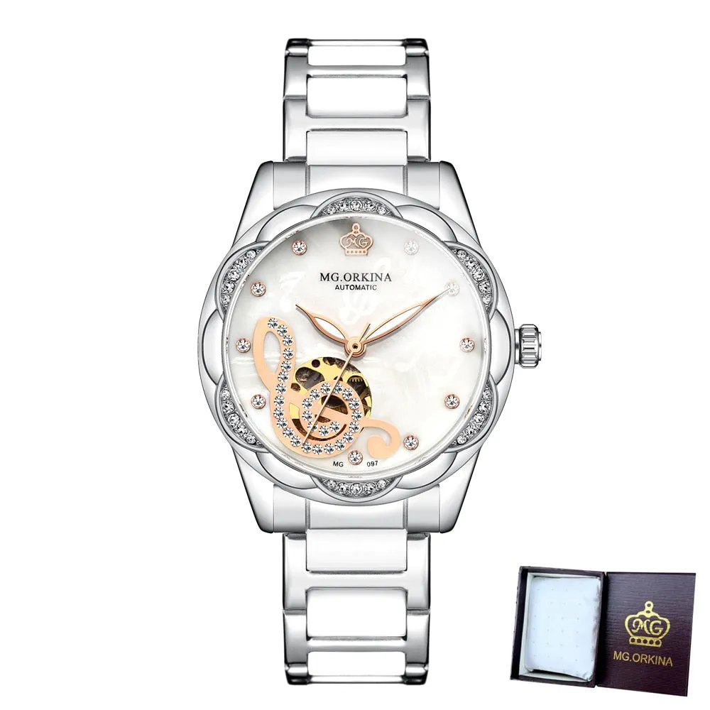 Women's Mechanical Diamond Automatic Skeleton Ceramic Strap Wristwatches