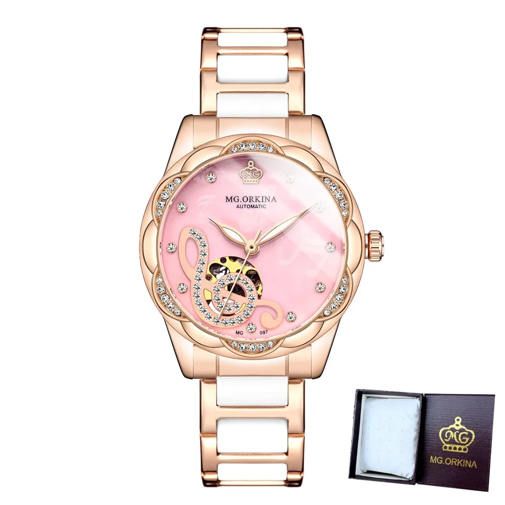 Women's Mechanical Diamond Automatic Skeleton Ceramic Strap Wristwatches