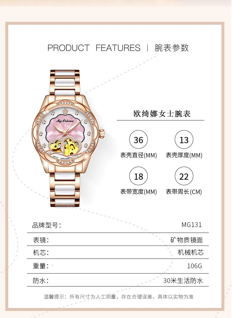 Women's Mechanical Diamond Automatic Skeleton Ceramic Strap Wristwatches