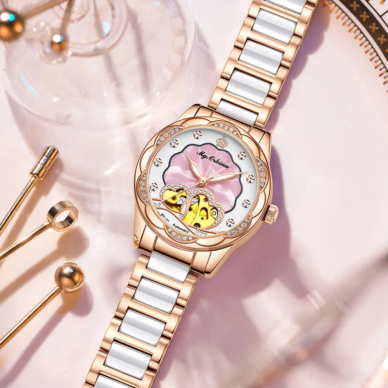 Women's Mechanical Diamond Automatic Skeleton Ceramic Strap Wristwatches