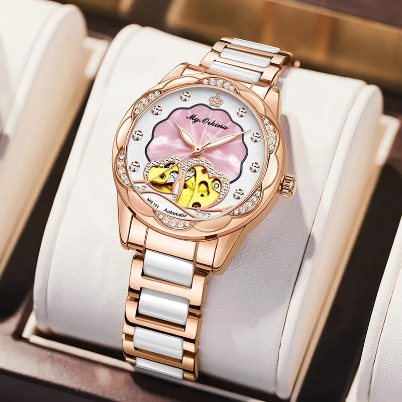 Women's Mechanical Diamond Automatic Skeleton Ceramic Strap Wristwatches