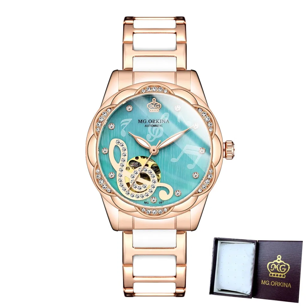 Women's Mechanical Diamond Automatic Skeleton Ceramic Strap Wristwatches