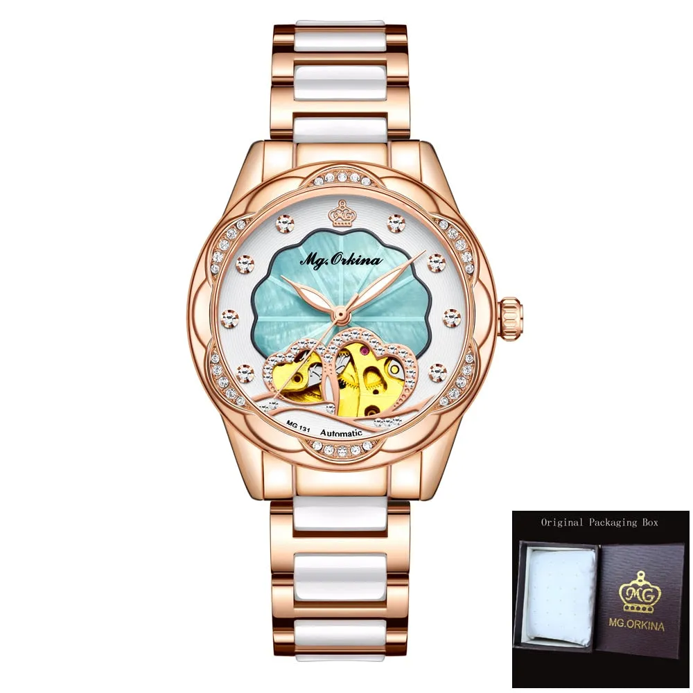 Women's Mechanical Diamond Automatic Skeleton Ceramic Strap Wristwatches