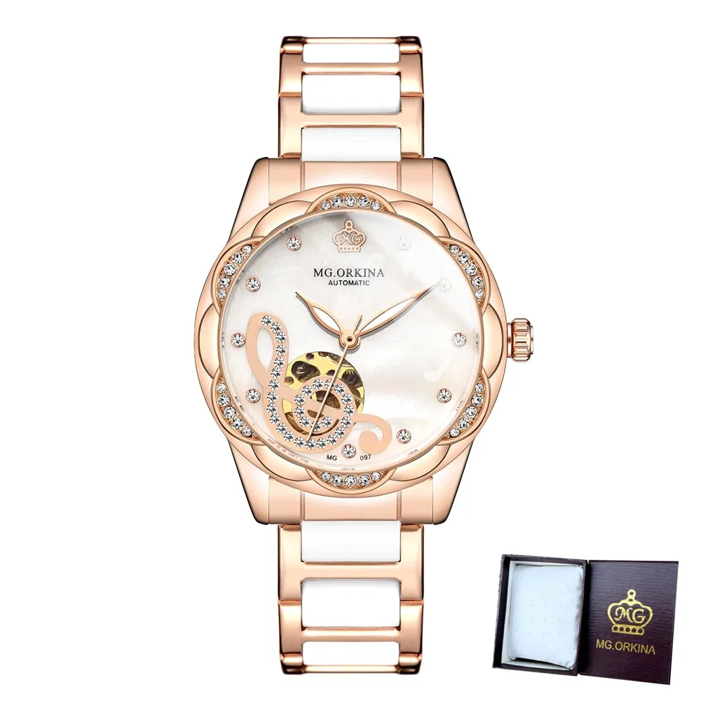 Women's Mechanical Diamond Automatic Skeleton Ceramic Strap Wristwatches