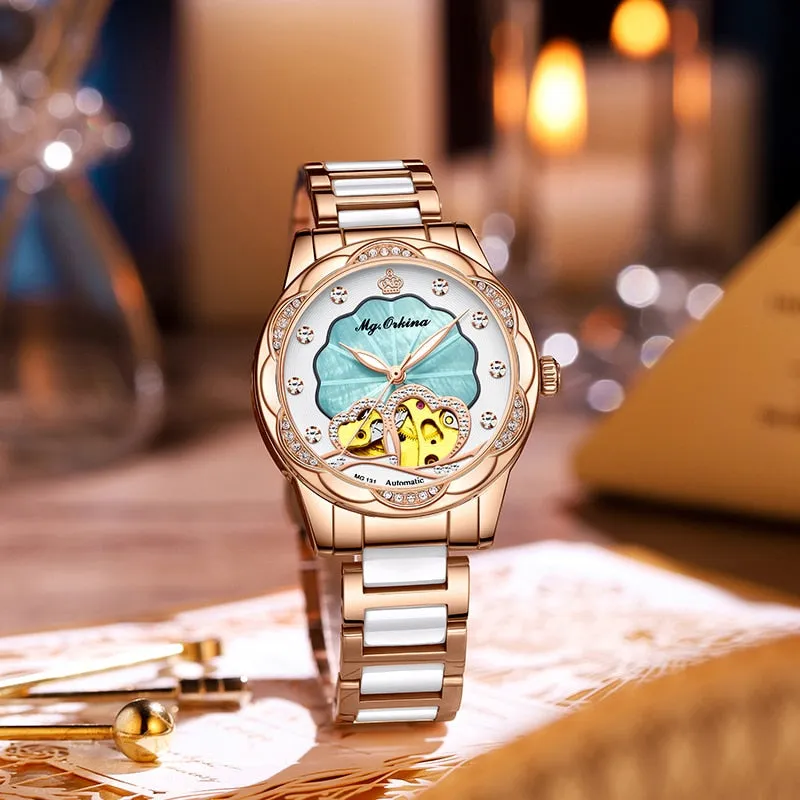 Women's Mechanical Diamond Automatic Skeleton Ceramic Strap Wristwatches