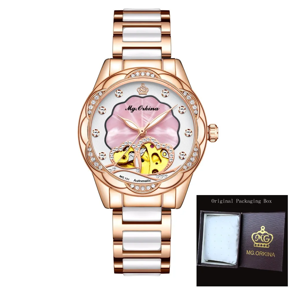 Women's Mechanical Diamond Automatic Skeleton Ceramic Strap Wristwatches