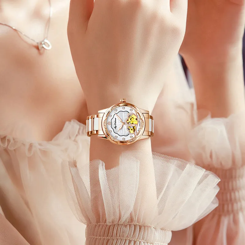 Women's Mechanical Diamond Automatic Skeleton Ceramic Strap Wristwatches