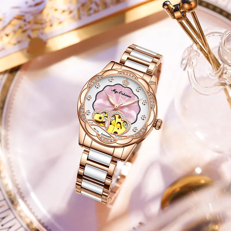 Women's Mechanical Diamond Automatic Skeleton Ceramic Strap Wristwatches