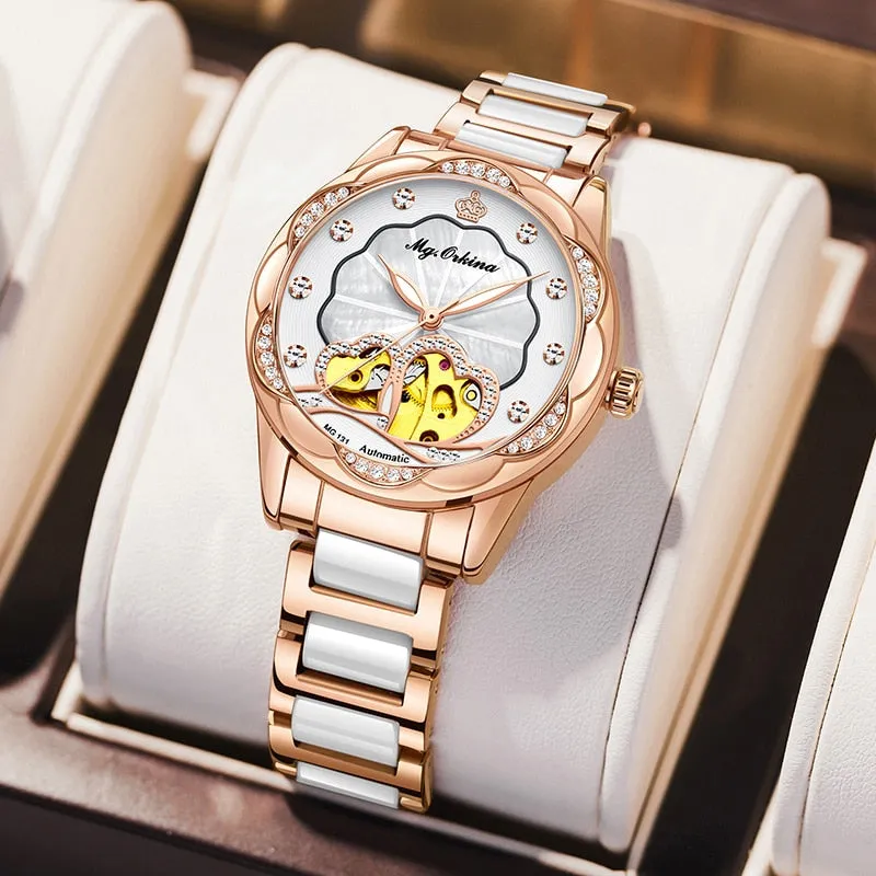 Women's Mechanical Diamond Automatic Skeleton Ceramic Strap Wristwatches