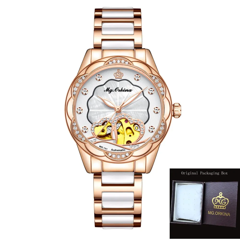 Women's Mechanical Diamond Automatic Skeleton Ceramic Strap Wristwatches