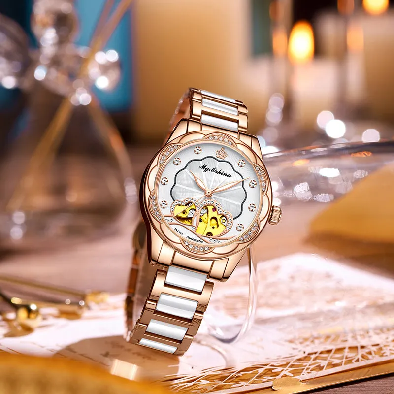 Women's Mechanical Diamond Automatic Skeleton Ceramic Strap Wristwatches