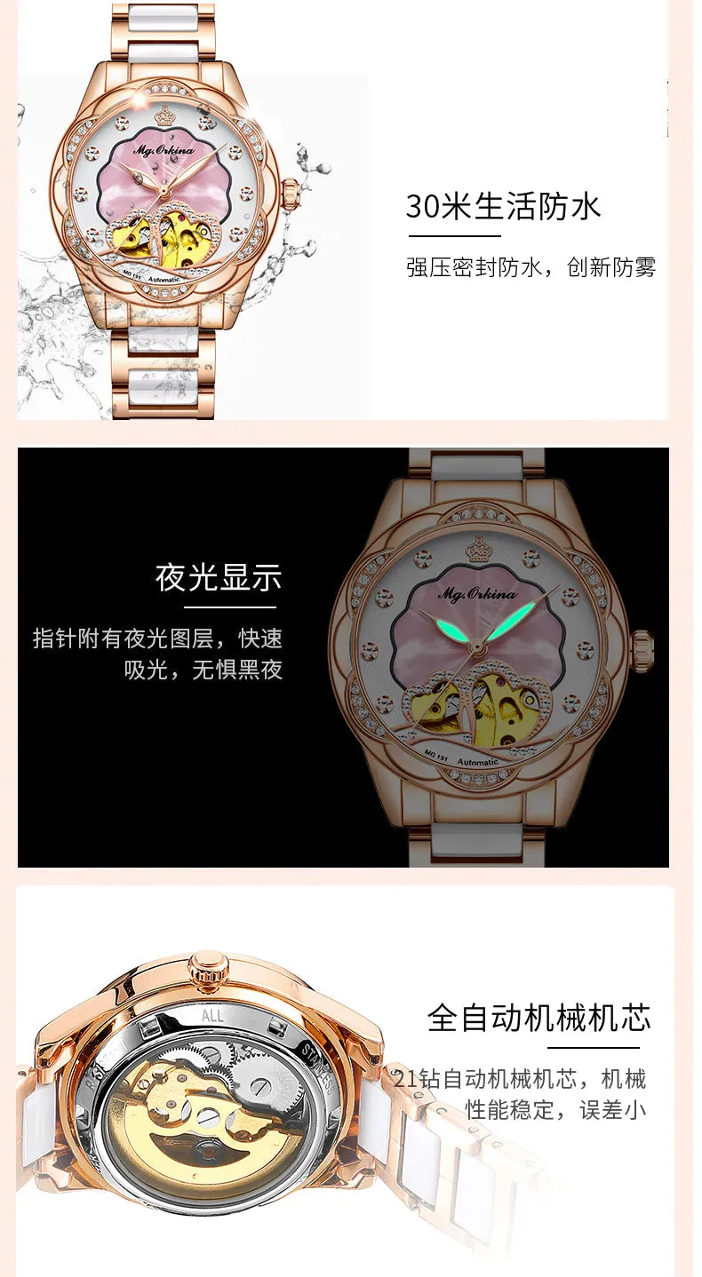 Women's Mechanical Diamond Automatic Skeleton Ceramic Strap Wristwatches