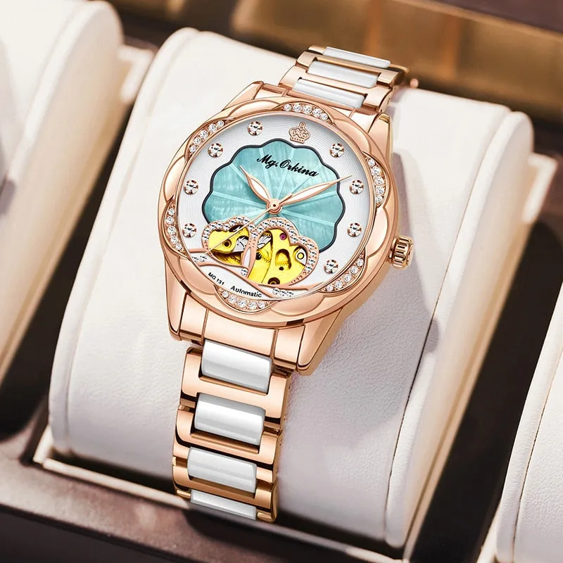 Women's Mechanical Diamond Automatic Skeleton Ceramic Strap Wristwatches