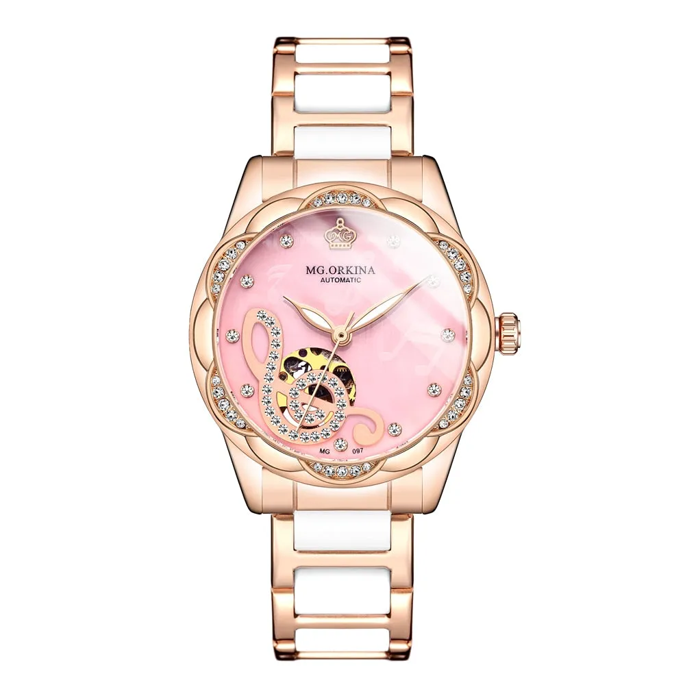 Women's Mechanical Diamond Automatic Skeleton Ceramic Strap Wristwatches