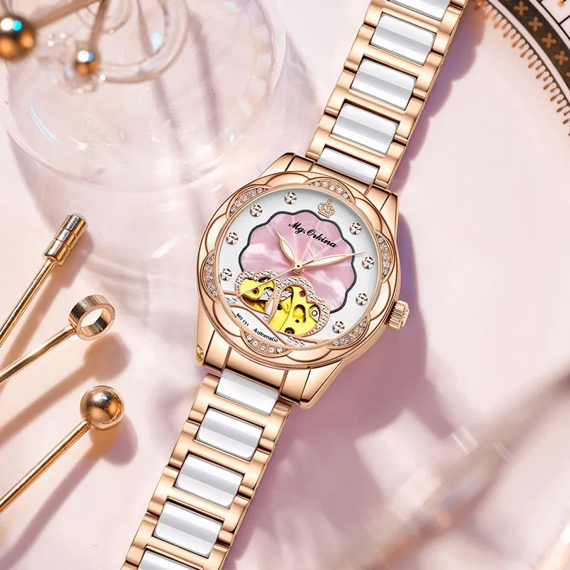 Women's Mechanical Diamond Automatic Skeleton Ceramic Strap Wristwatches