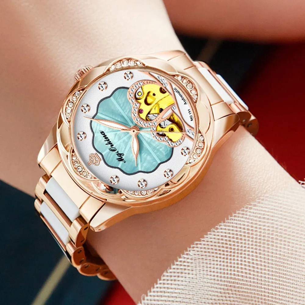 Women's Mechanical Diamond Automatic Skeleton Ceramic Strap Wristwatches